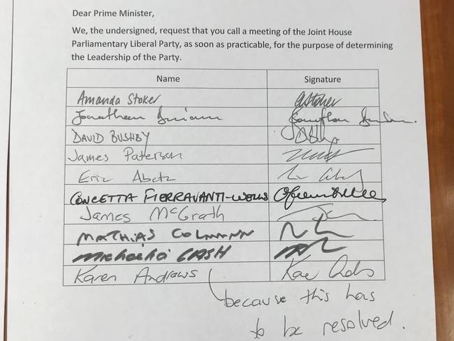 The Liberal Party parliamentarians who signed the leadership spill petition. Picture: Bevan Shields.