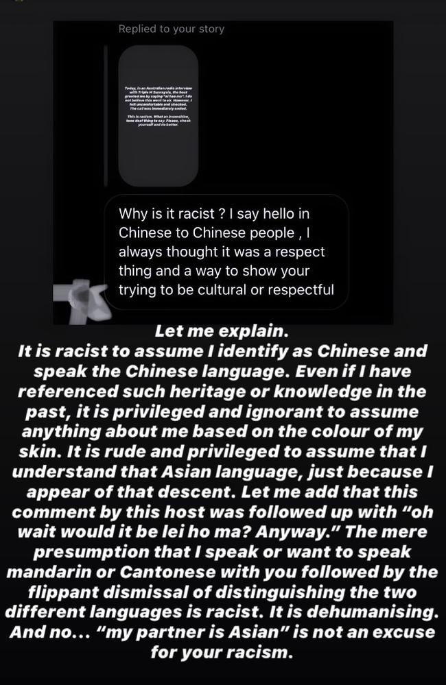 Sarah went on to explain why the incident was an example of racism. Picture: Instagram.