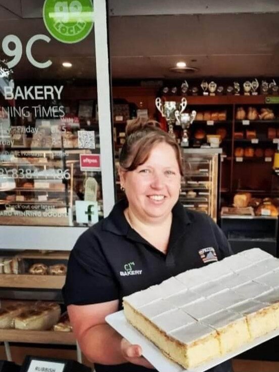 Kerrie with a tray of vanilla slice at CJ's Bakery.