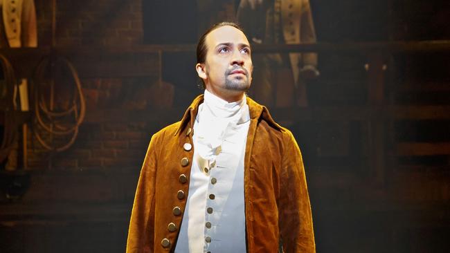 Lin-Manuel Miranda performing on Broadway in the title role of his musical Hamilton.