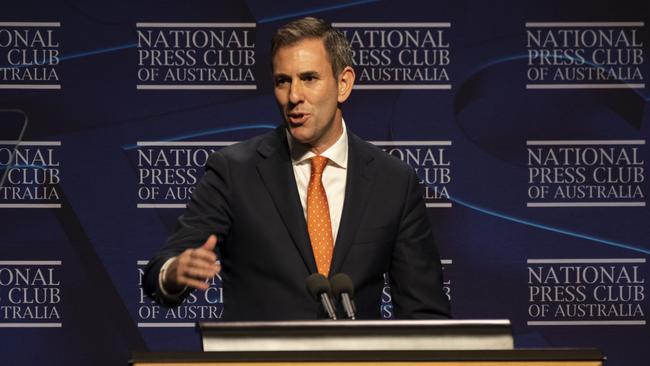 Treasurer Jim Chalmers sells his first budget during a speech at the National Press Club on Wednesday. Picture: Getty Images