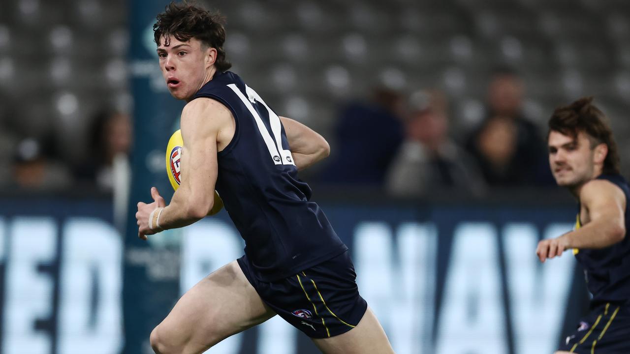 Top draft prospect Darcy Wilson has been compared to Carlton Rising Star nominee Ollie Hollands with his running power. Picture: Michael Klein