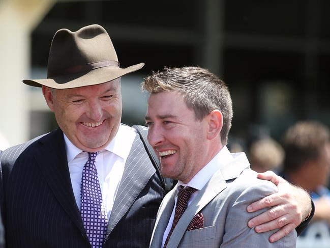 Todd Balfour, right, with fellow trainer David Hayes at Sandown in 2016.