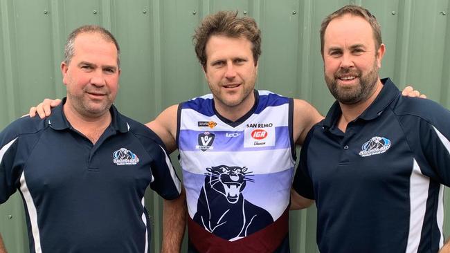 Kilcunda Bass Football Club's star signing Campbell Brown, pictured alongside club vice president Daryl Cartmel (left) and president Shea Eden. Picture: Facebook