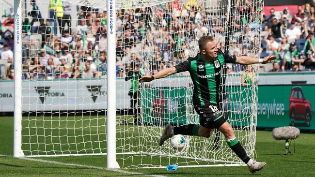 Western United striker Besart Berisha celebrates his second goal of the game in a 3-1 win over his former club Melbourne Victory. Picture: AAP