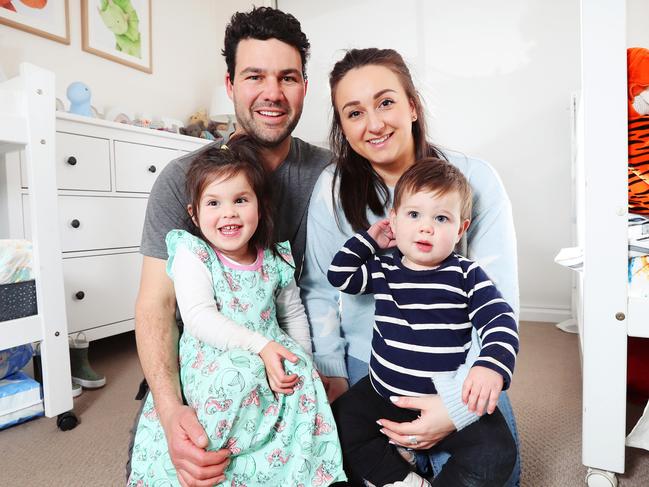 Gender-based polling showing that women are making the brunt of the sacrifices to balance career and family and universal high-quality Early Childhood Education and Care (ECEC) would make such a difference. Morgan with her husband Roydan and kids Oscar 1 and Lily 3 at their home in Dingley Village. Picture Rebecca Michael.