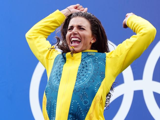 Australia's Jessica Fox with her gold medal following the Women's Canoe Single Final at the Nautical St - White water on the fifth day of the 2024 Paris Olympic Games in France. Picture date: Wednesday July 31, 2024. (Photo by Mike Egerton/PA Images via Getty Images)