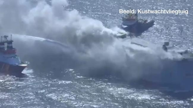 The ship had 3,783 cars aboard when it caught fire off the Dutch coast. Early reports stated there were about 3000 vehicles aboard. Picture: Netherlands Coastguard