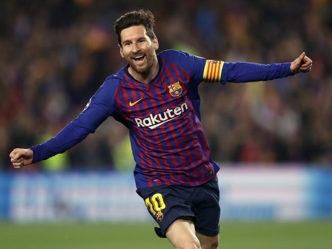 Barcelona forward Lionel Messi celebrates after scoring his side's second goal during the Champions League quarterfinal, second leg, soccer match between FC Barcelona and Manchester United at the Camp Nou stadium in Barcelona, Spain, Tuesday, April 16, 2019. (AP Photo/Manu Fernandez)