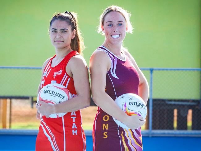 Sarrita King and Georgia Luhrs as Waratahs faces Tracy Village Falcons in the 2021 Darwin Netball Premier League grand final. Picture: Glenn Campbell