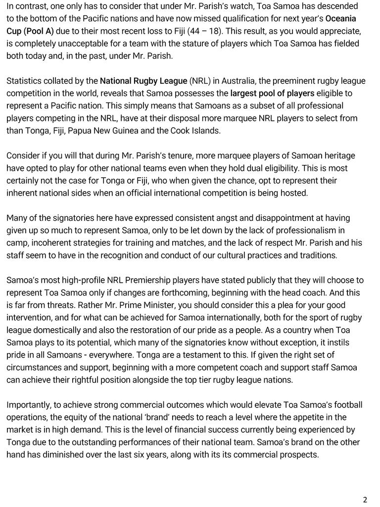 A letter written to the Prime Minister of Samoa raising issues about the state of rugby league. Supplied