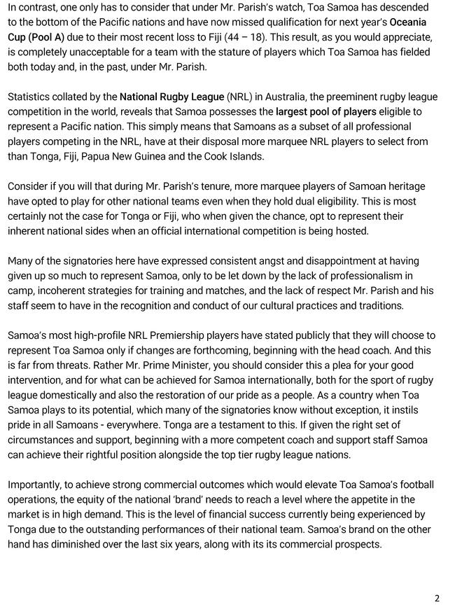 A letter written to the Prime Minister of Samoa raising issues about the state of rugby league. Supplied