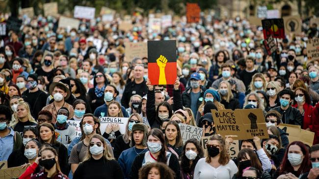 Protesters participate in last Saturday’s Black Lives Matter rally in Adelaide. Picture: AAP Image/Morgan Sette