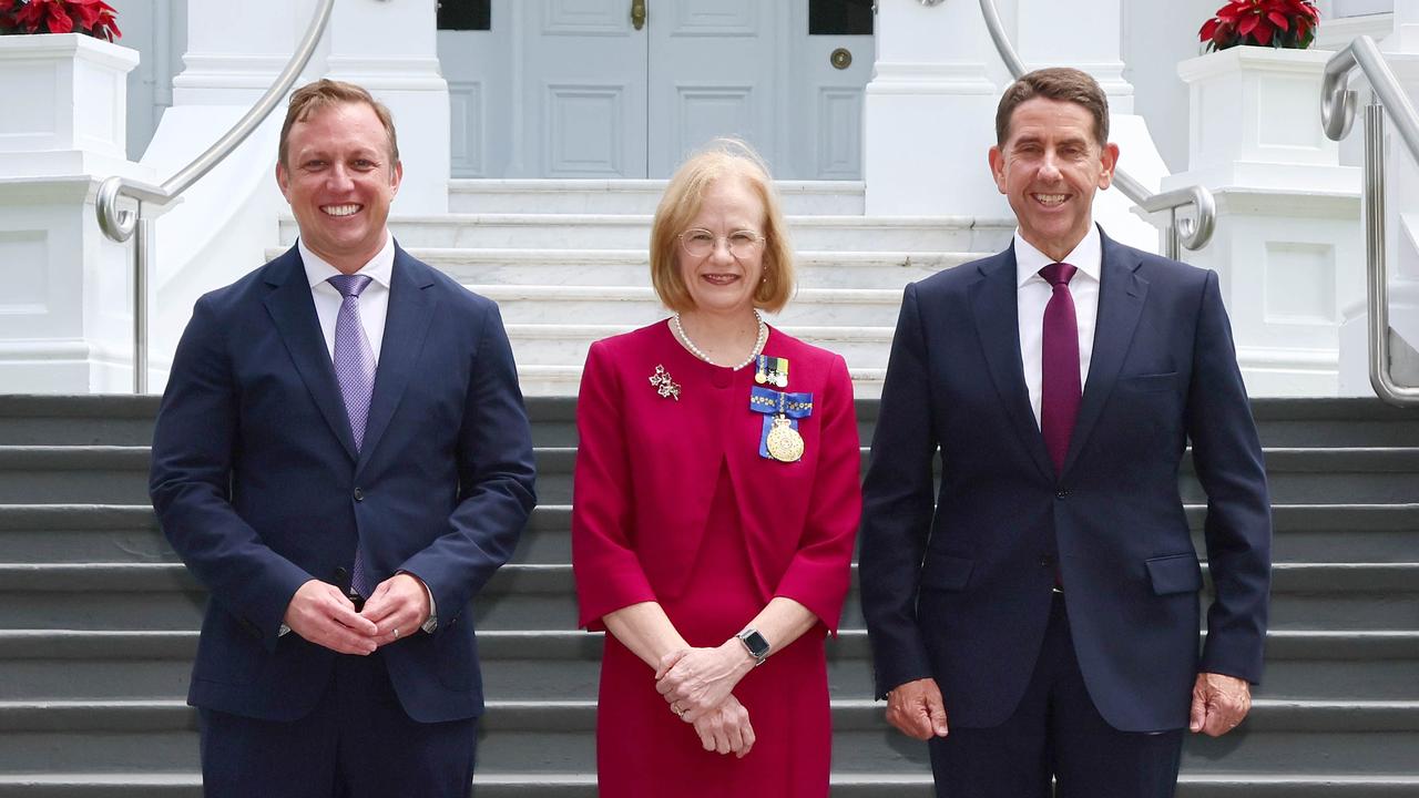 Newly elected Premier Steven Miles and Deputy Premier Cameron Dick with Governor Jeannette Young at Government House after the pair were officially sworn in. Picture: NCA NewsWire/Tertius Pickard