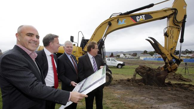 Andrew Marks (front) at the ground-breaking ceremony for a new Bunnings Warehouse in Glenorchy, Tasmania.