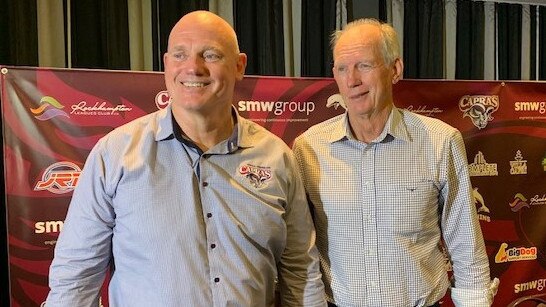 Capras' CEO Peter White and Dolphins' head coach Wayne Bennett announce the clubs' affiliation at the Rockhampton Leagues Club in December.