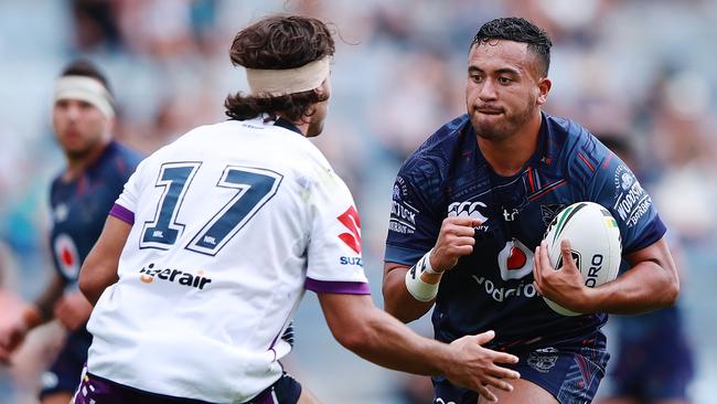 ROTORUA, NEW ZEALAND — FEBRUARY 17: Matiu Love-Henry of the Warriors charges forward during the NRL trial match between the New Zealand Warriors and the Melbourne Storm at Rotorua International Stadium on February 17, 2018 in Rotorua, New Zealand. (Photo by Hannah Peters/Getty Images)