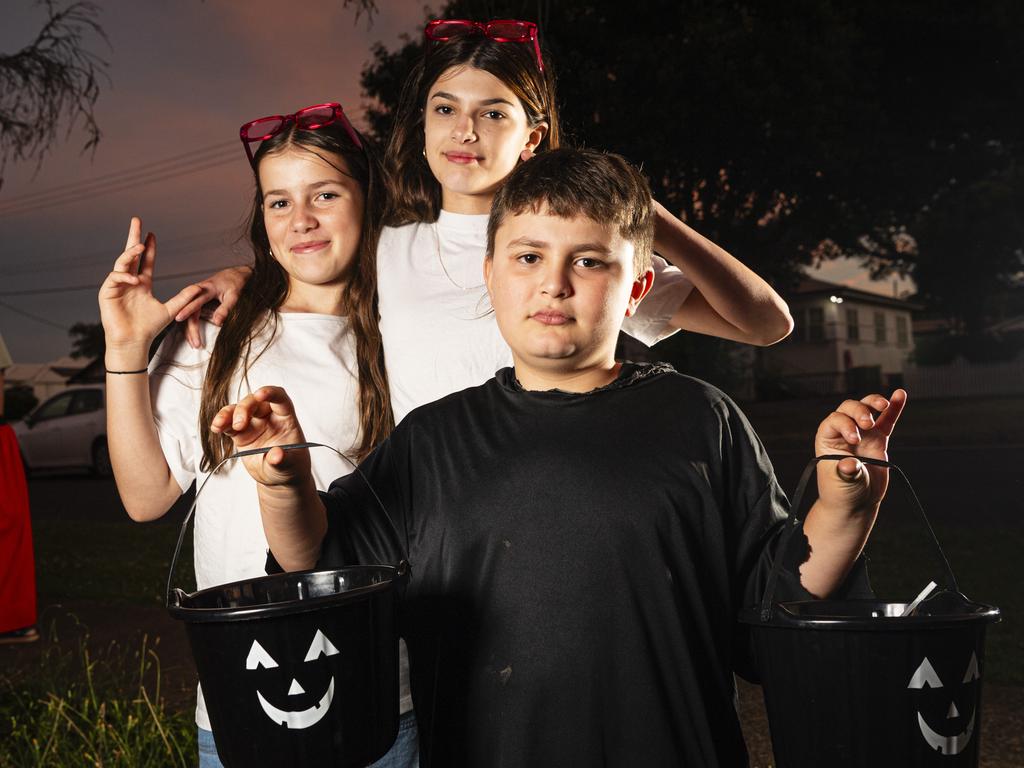 Celebrating Halloween are (from left) Charlotte Collins, Ellyssia Leslie and Kal-El Leslie, Thursday, October 31, 2024. Picture: Kevin Farmer