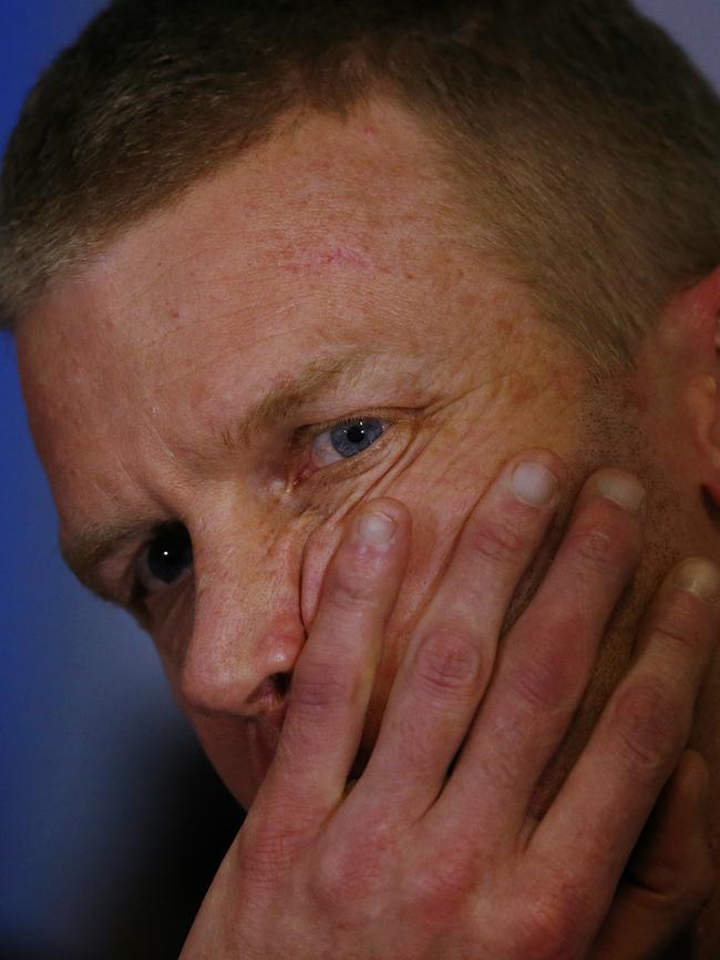 Dustin Fletcher at Hird’s resignation press conference. Picture: Wayne Ludbey