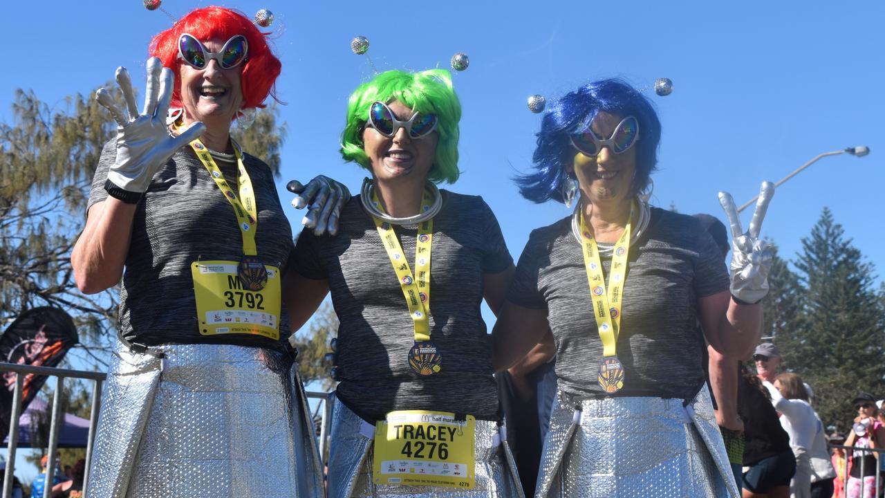 Susan Newstham, Melissa Taylor and Tracey Heath at the 2022 Sunshine Coast Marathon. Picture: Eddie Franklin