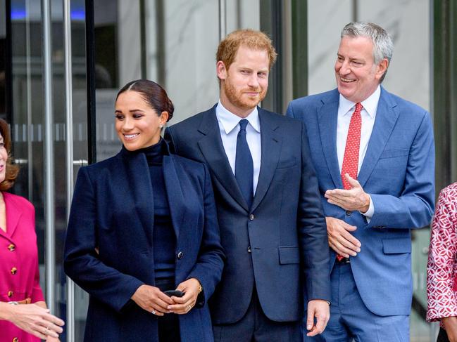 Meghan Markle and Prince Harry with NYC mayor Bill De Blasio at the One World Observatory. Picture: Getty