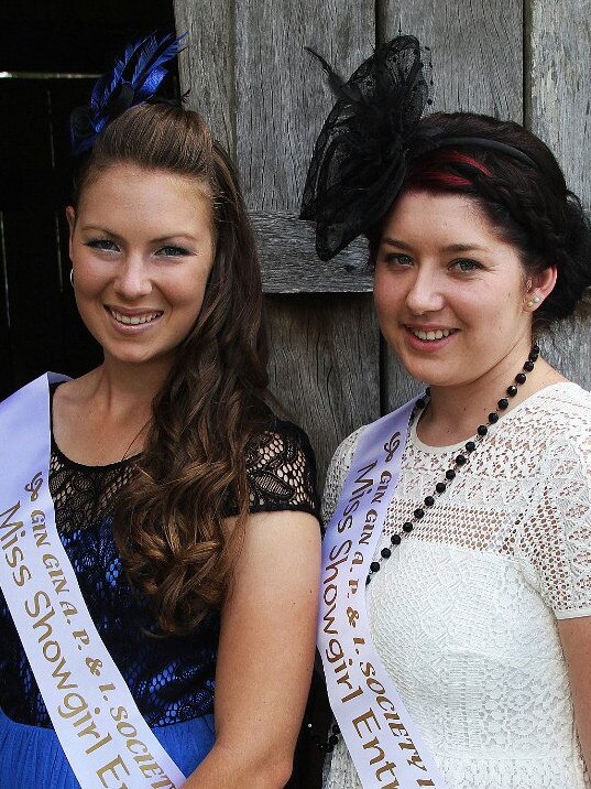 2014 Miss Showgirl entrants Caitlyn Gilfoyle and Jamie-Lee Stallan at the Gin Gin Show High Tea Fundraiser. Photo: Rhiannon Steffens