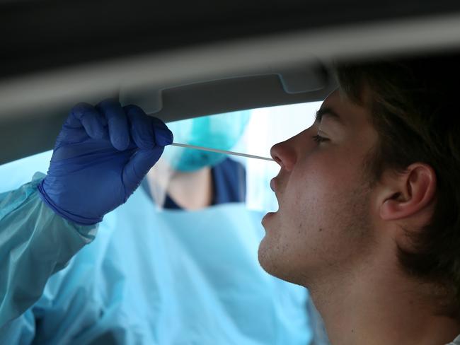 SYDNEY, AUSTRALIA - JULY 22: A young man receives a COVID-19 swab test at a Bondi Beach drive-through testing clinic on July 22, 2020 in Sydney, Australia. New South Wales recorded 16 new COVID-19 cases on Wednesday, bringing the state's total number of coronavirus cases to 3,425. NSW residents are being urged to avoid non-essential travel and large crowds, as health authorities work to contain several COVID-19 cluster outbreaks across the state. Cases linked to the Crossroads Hotel, Thai Rock and Batemans Bay Soldiers Club clusters have been shown to all be linked to virus strains in Victoria, where residents are currently in lockdown due to the dramatic rise in community transmissions. (Photo by Lisa Maree Williams/Getty Images)