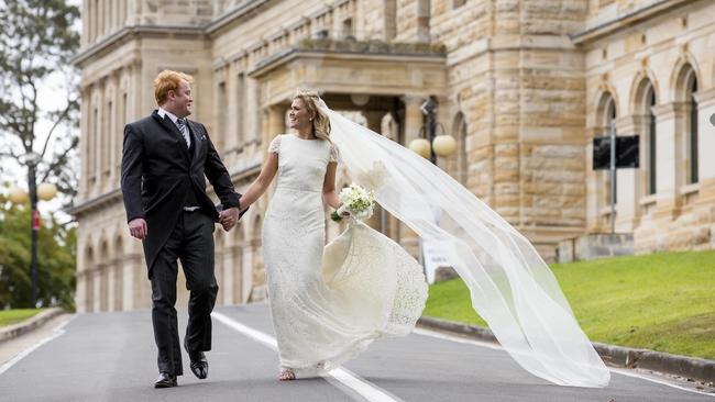 Happy couple ... Sarah Harris and Tom Ward on their wedding day last July. Picture: James Horan