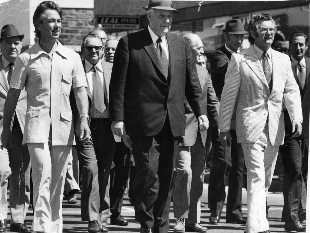 Former SA premier Don Dunstan, federal minister Rex Connor and then ACTU president Bob Hawke lead the Labor Day march in Adelaide in 1974.