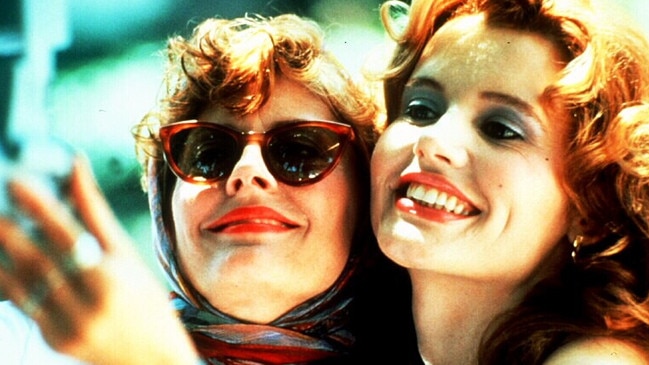 At right, in her most iconic role as one-half of 1991’s Thelma and Louise.