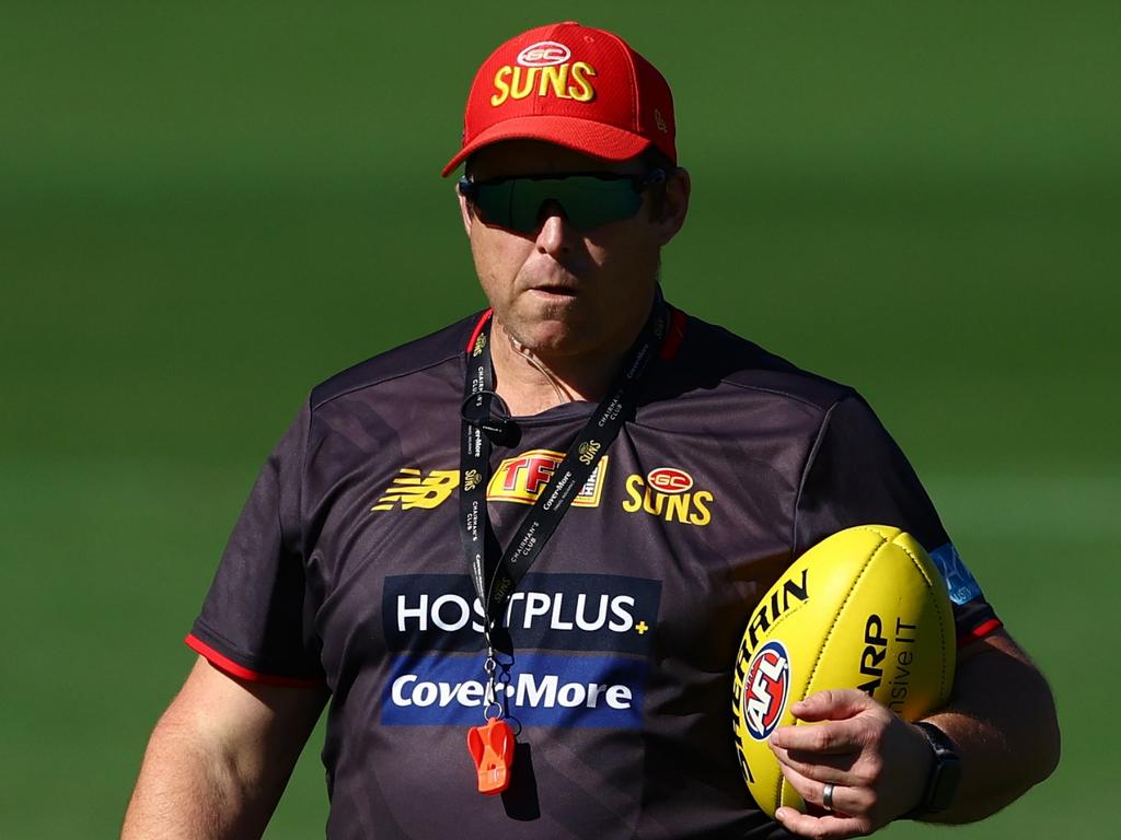 GOLD COAST, AUSTRALIA - JUNE 16: Head Coach Stuart Dew during a Gold Coast Suns AFL training session at Metricon Stadium on June 16, 2022 in Gold Coast, Australia. (Photo by Chris Hyde/Getty Images)