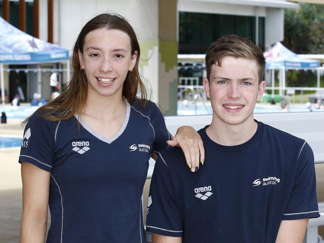 Swimmers gathered for training at the Dolphins emerging swimmers camp in Southport. Sophie Martin and Harrison Biddell. Picture: Tertius Pickard