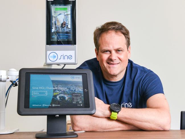 Sine Chief Executive Antony Ceravolo with a temperature reader and sign in system, August 13, 2020. Picture: Brenton Edwards