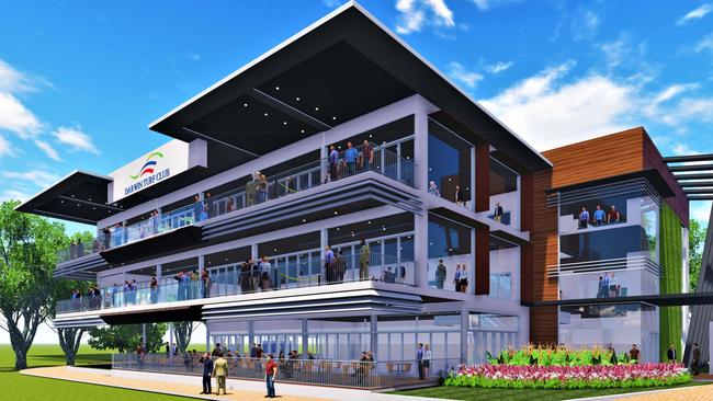 The new three-level stand with private corporate boxes will be built where the Ted D’Ambrosio bar is located and will have a walkway connecting it to the Ted Bailey Grandstand. Picture: Supplied