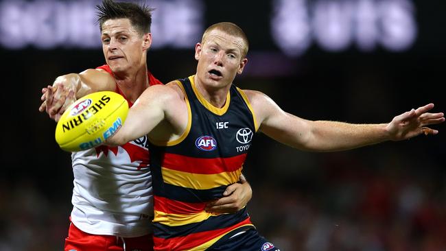 Sam Jacobs in action against Sydney before injuring his knee. Picture: Cameron Spencer/AFL Media/Getty Images