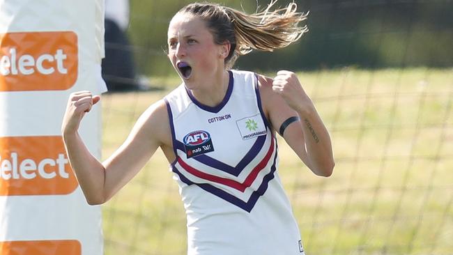 Fremantle’s Ashleigh Sharp celebrates a goal.