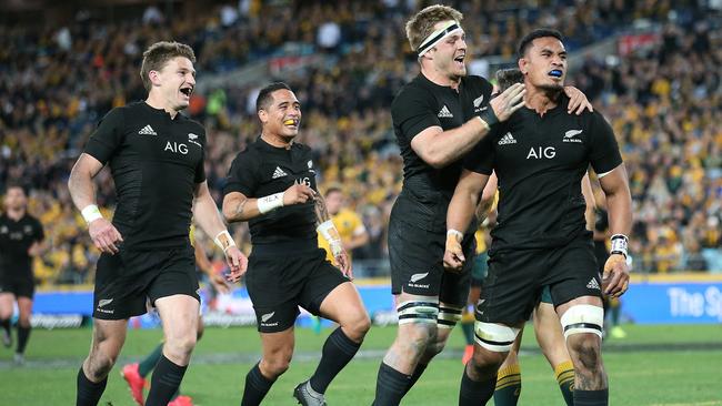 New Zealand's Jerome Kaino celebrates his first half try in Sydney.