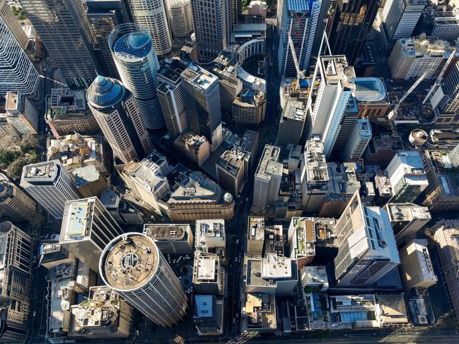 Aerial birds eye views of real estate and infrastructure in Sydney Australia of CBD