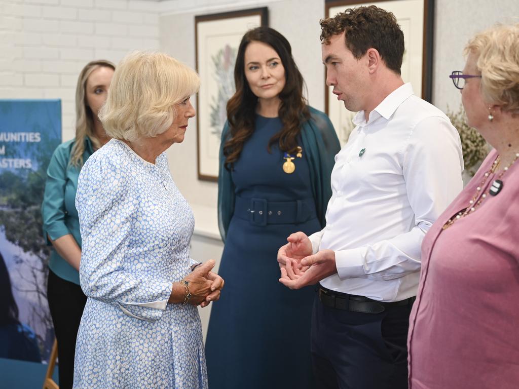 Her Majesty Queen Camilla meets with the founder of GIVIT Juliette Wright OAM, CEO Mr Chris Staines and GIVIT volunteers at the Australian National Botanic Gardens in Canberra. Picture: NewsWire / Martin Ollman