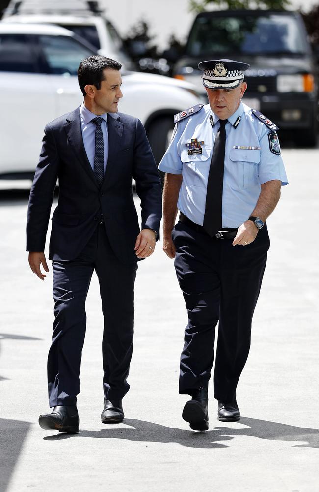 Premier David Crisafulli and Acting Police Commissioner Shane Chelepy ahead of the press conference on Tuesday. Picture: Josh Woning