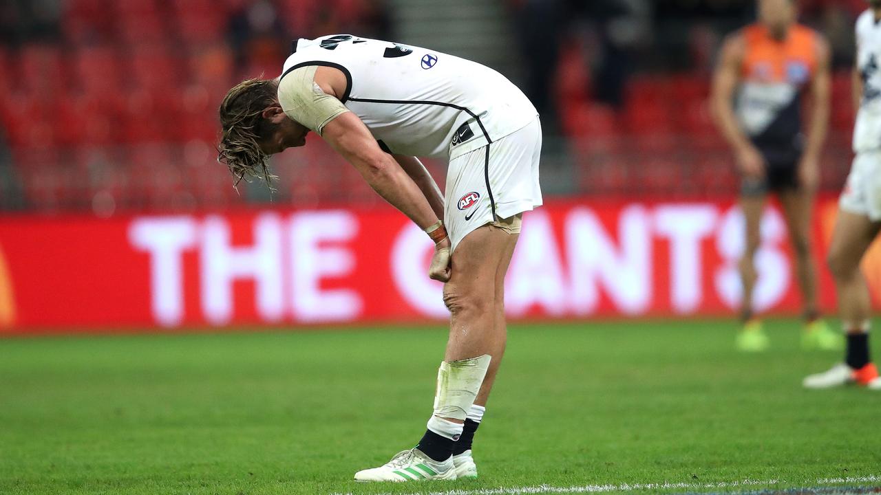 Dale Thomas reacts to Carlton’s 93 point loss to GWS. Picture: Phil Hillyard