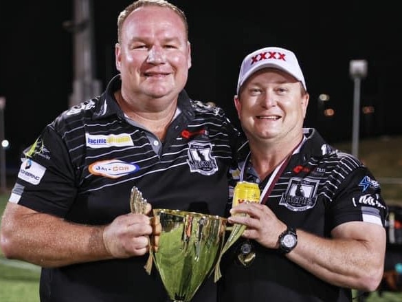 Damian Smith (left) and Scott Thorburn (right) following the Magpies' premiership triumph. Picture: Supplied.