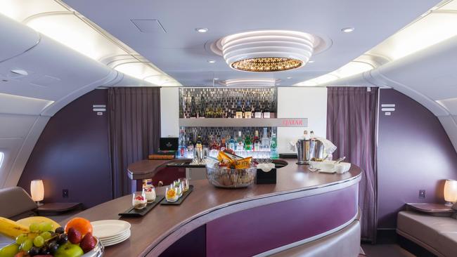 Business class lounge onboard Qatar Airways Airbus A380-800.