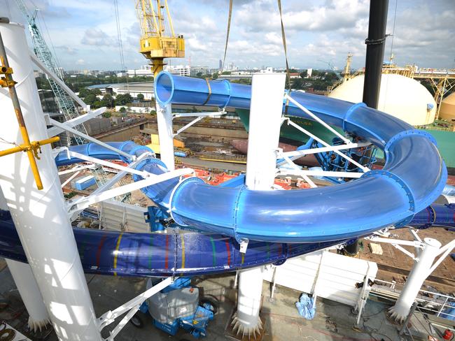 The Pacific Dawn waterslide under construction at Singapore shipyard. Picture: Supplied