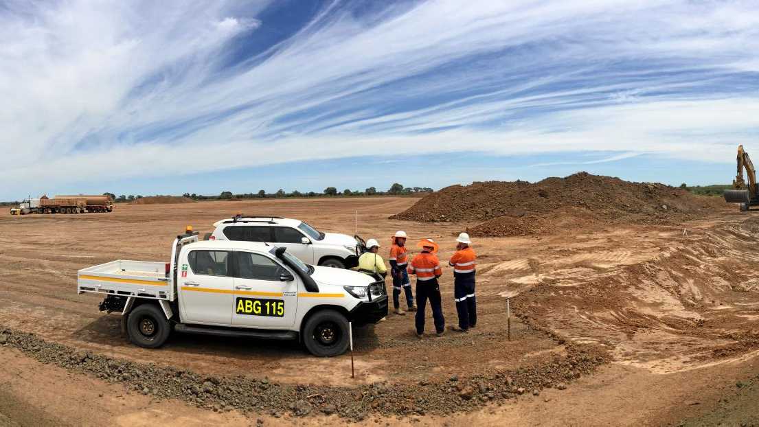 Adani and contractor personnel overseeing the earthworks of the temporary camp hardstand including sediment basin excavation. Picture: Contributed