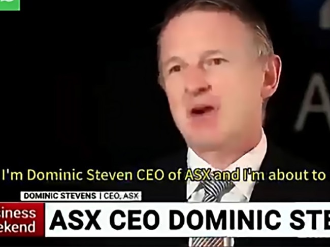 Deepfake vid of Domionic Stevens on TV, saying he's leaving the ASX immediately to set up a whatsapp group offereing investment tips.