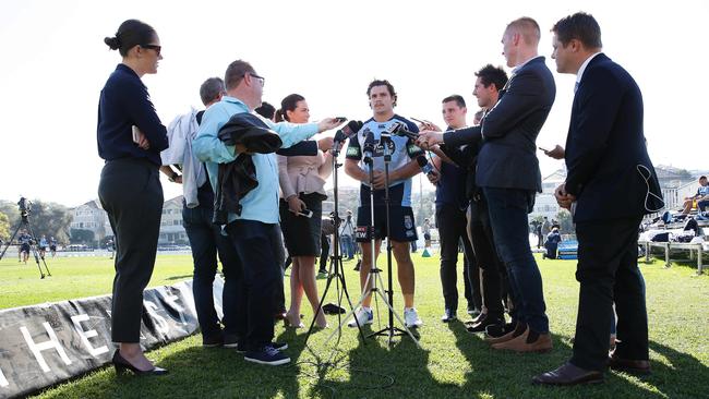 Roberts gets used to the spotlight at Blues training. (Brett Costello)