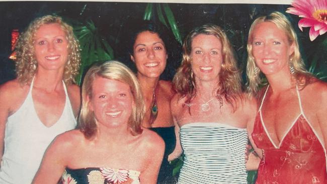 Penny Morse (left to right), Simone Hanley, Francoise Dahan, Renae Anderson and Lisa Sandher in the last photo before a bomb blast killed Simone Hanley, Francoise Dahan, Renae Anderson in Sari nightclub in Bali 2002. Picture: Supplied