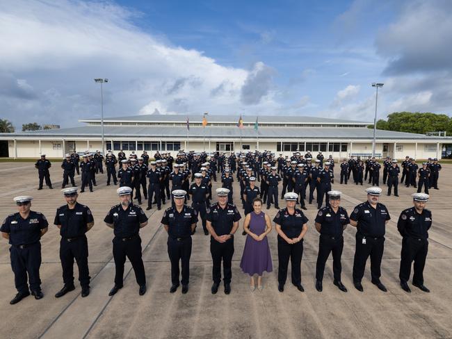 Drone shots of Chief Minister Lia Finocchiaro and NT Police Commissioner Michael Murphy with officers from NT Police in February 2025. Picture: NT Police