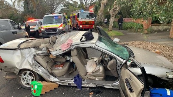 An elderly female driver is in a critical condition in hospital after a car struck a tree in Grace Ave, Frenchs Forest om Monday afternoon. Two other vehicles were involved in the incident. Two other people received minor injuries. Picture: Supplied